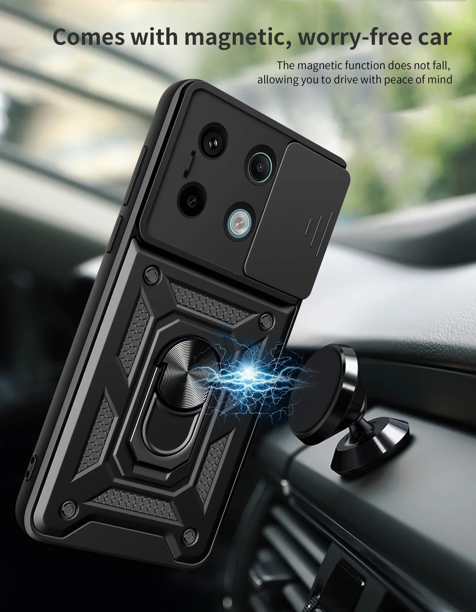 for Xiaomi Redmi Note 13 12 Pro plus 5G 4G Case Car Magnetic Ring Holder Slide Camera Armor Shockproof Xiaomi POCO M6 X6 Pro