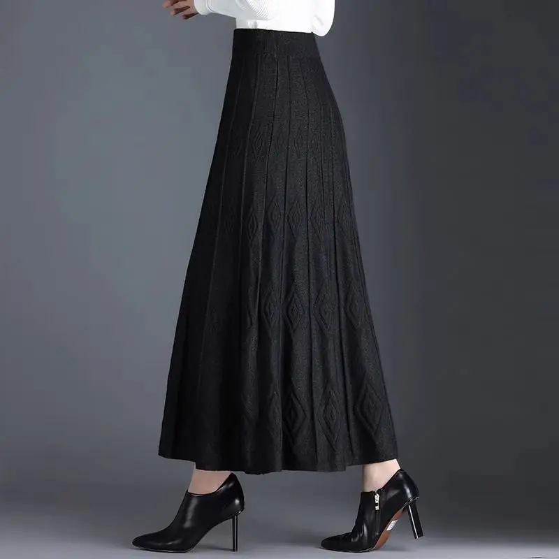 Women Diamond Jacquard Knit Maxi Skirt High Waist Elastic Waistband A Line Swing Long Skirt