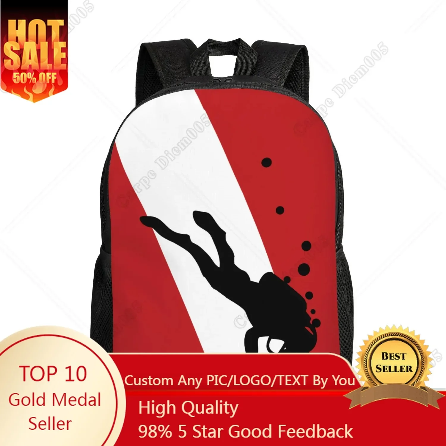 Scuba Diving Pattern Backpack School Bags College Travel Bags Fits 15 Inch Laptop Unisex Polyester for Outdoor Hiking Work