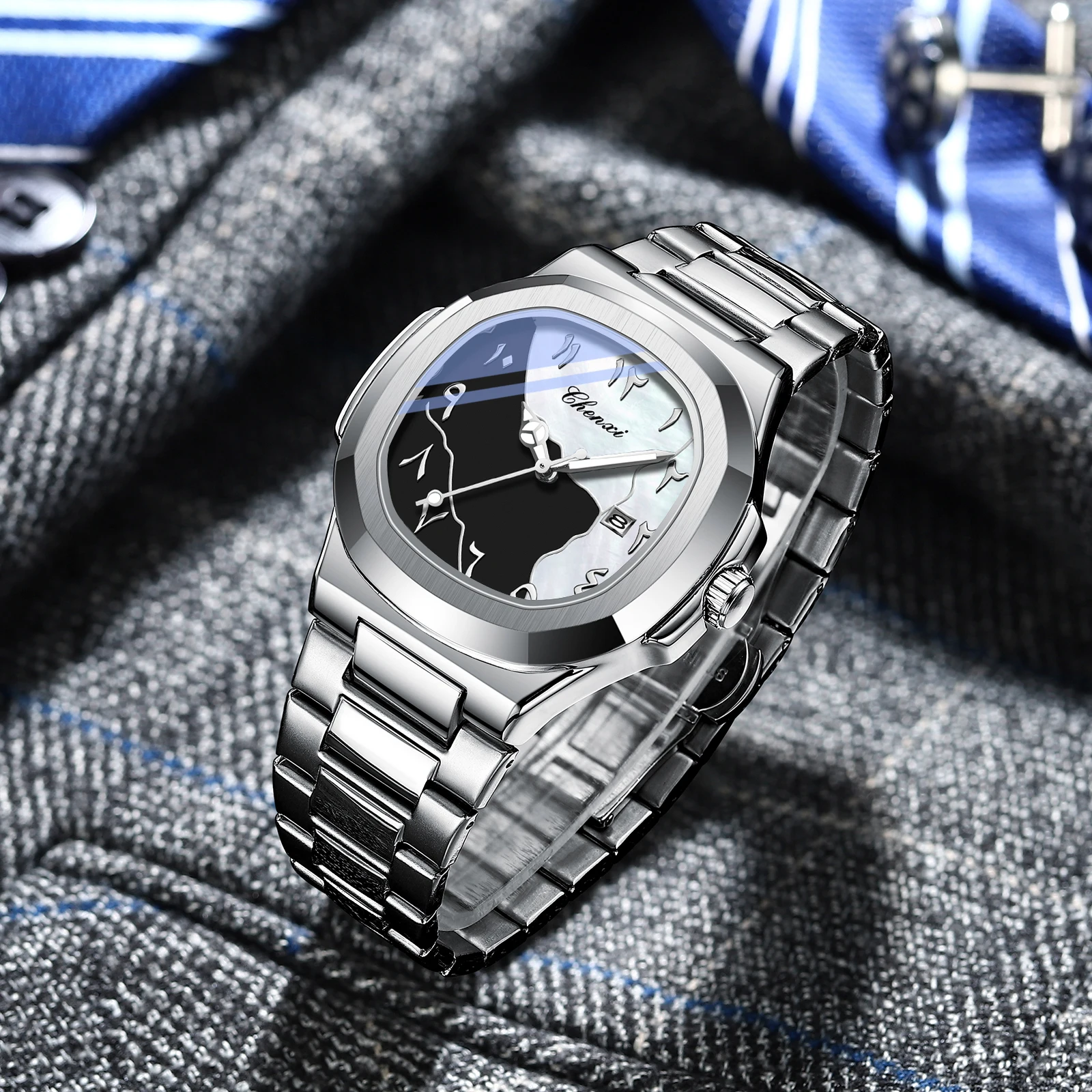 CHENXI นาฬิกาแบรนด์หรูสำหรับผู้ชาย นาฬิกาข้อมือผู้ชายแฟชั่นเรียบง่าย สายเหล็ก ควอตซ์ กันน้ำ แสดงวันที่เรืองแสง