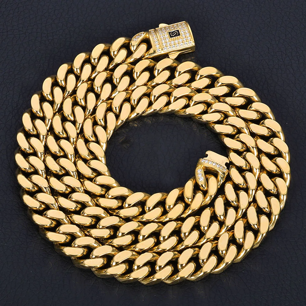 

Wholesale Fashion Mens Hiphop Cuban Links Chain Jewelry Women PVD 14K Gold Plated Stainless Steel Miami Monaco Necklace