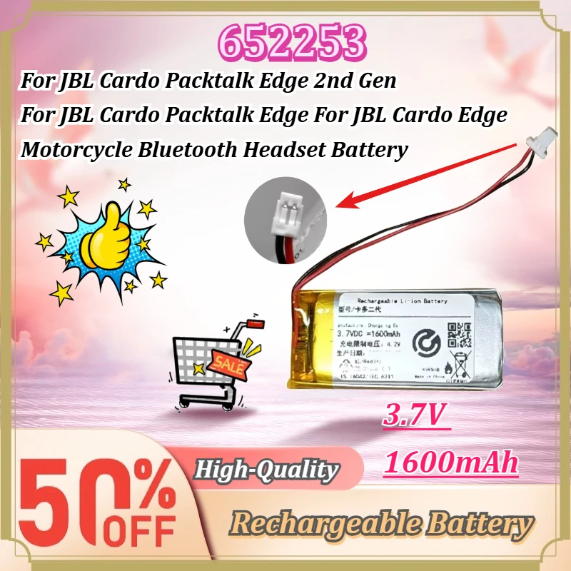 For JBL Cardo Packtalk Edge 2nd Gen/Cardo Packtalk Edge/Cardo Edge Motorcycle Bluetooth Headset Battery 3.7V 1600mAh 652253