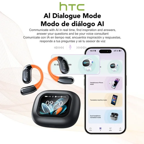 Imagen 2 del producto HTC NE27 auriculares inalámbricos AI traductor auriculares OWS deportes auriculares Bluetooth gancho para la oreja brillante pantalla de papel tapiz personalizable