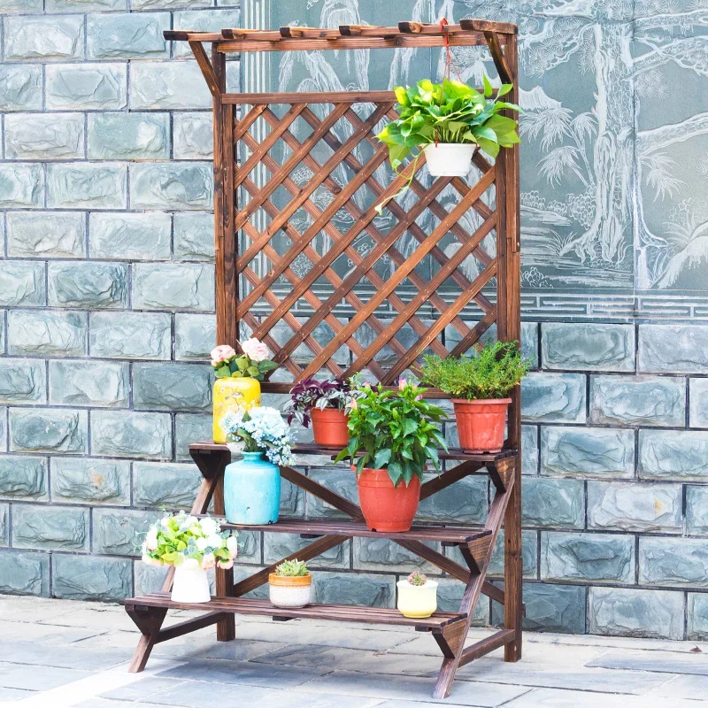 Wooden fence, flower pot fence, climbing flower rack, outdoor carbonized solid wood climbing vine rack, grid partition, flower