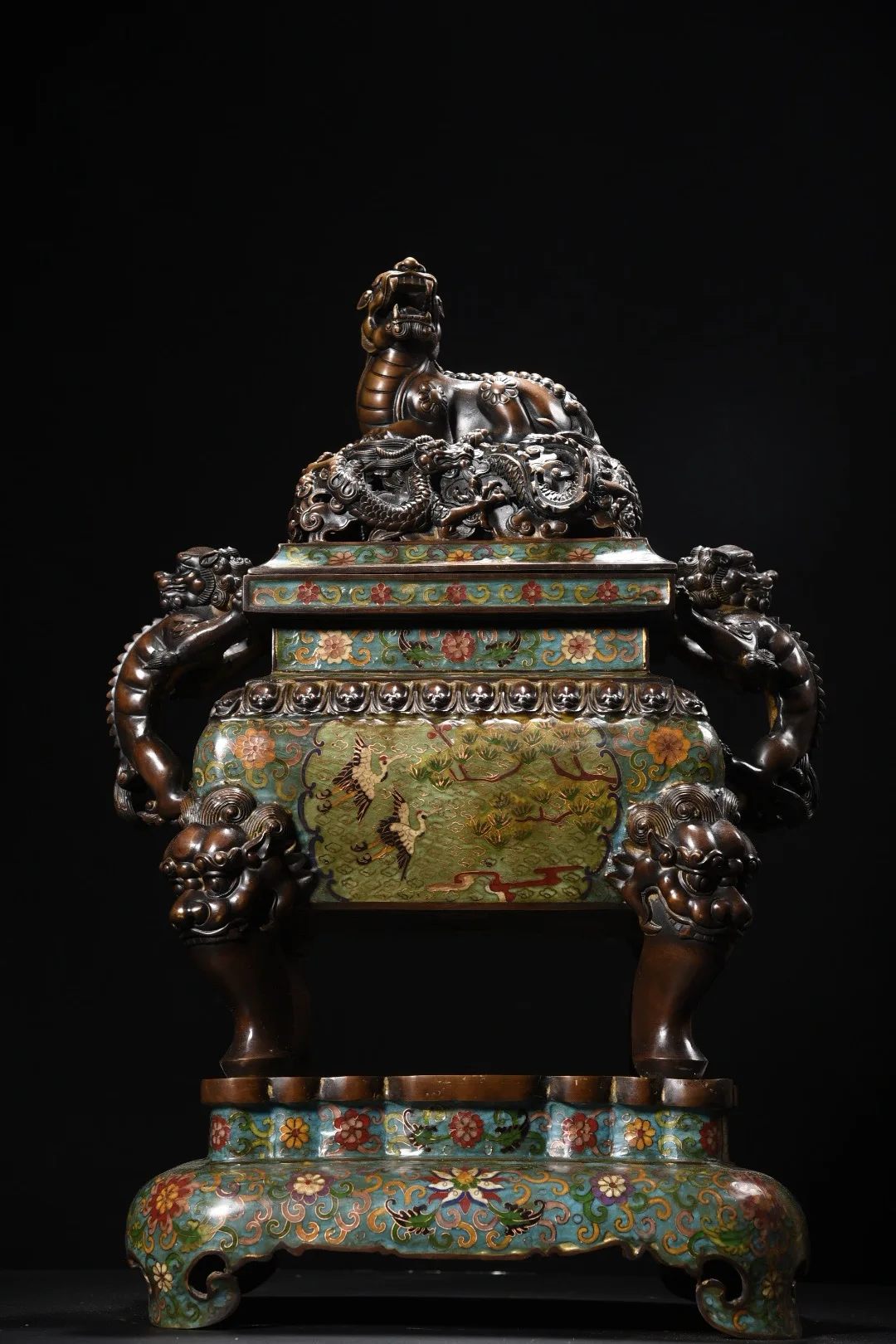 

24"Tibetan Temple Collection Old Bronze Cloisonn Pine Crane Texture Pixiu Statue Cover Dragon Statue Ear Incense Burner Base
