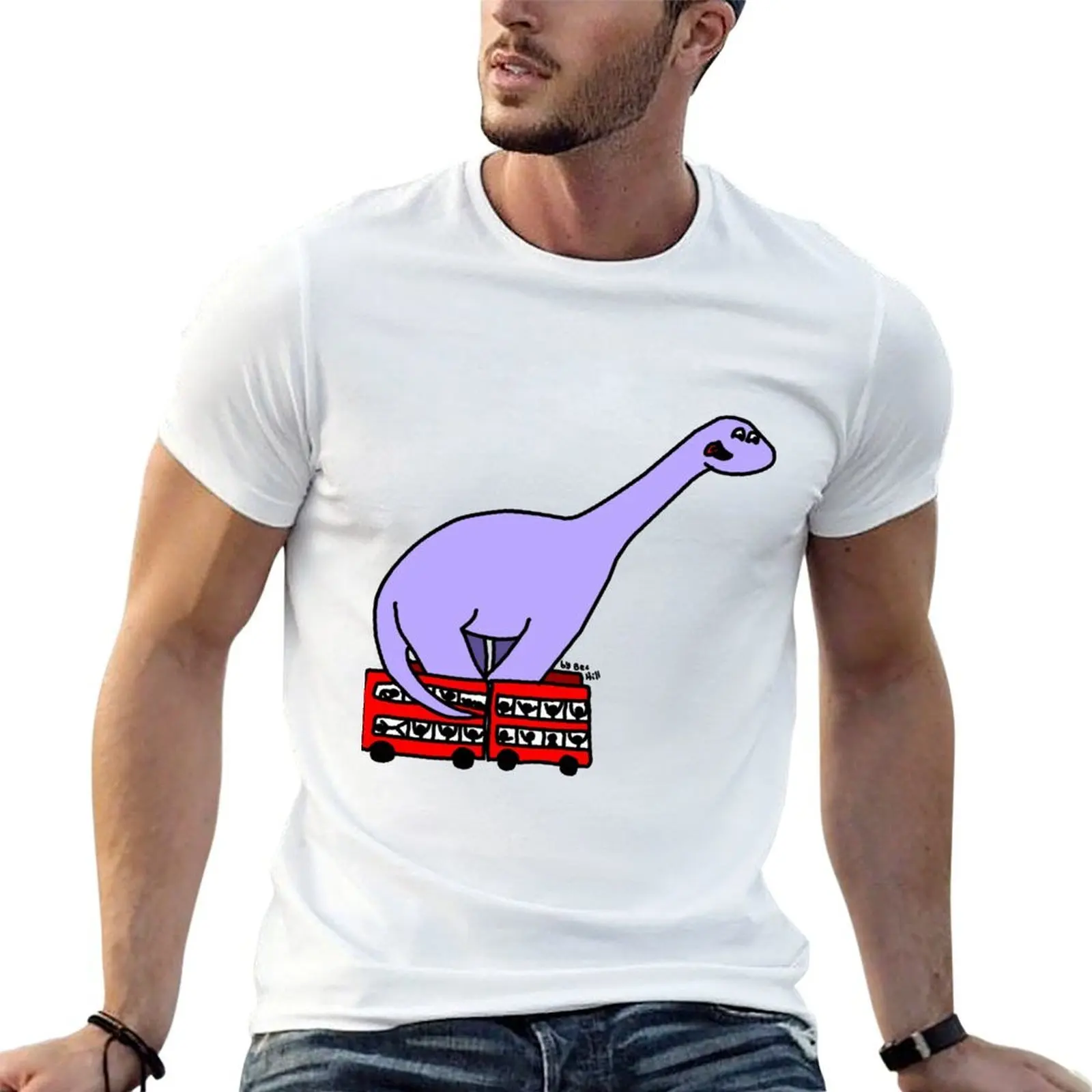Dinosaur on 4 Double Decker Buses T-Shirt cotton t shirts man 100% t shirt man luxury T-Shirt