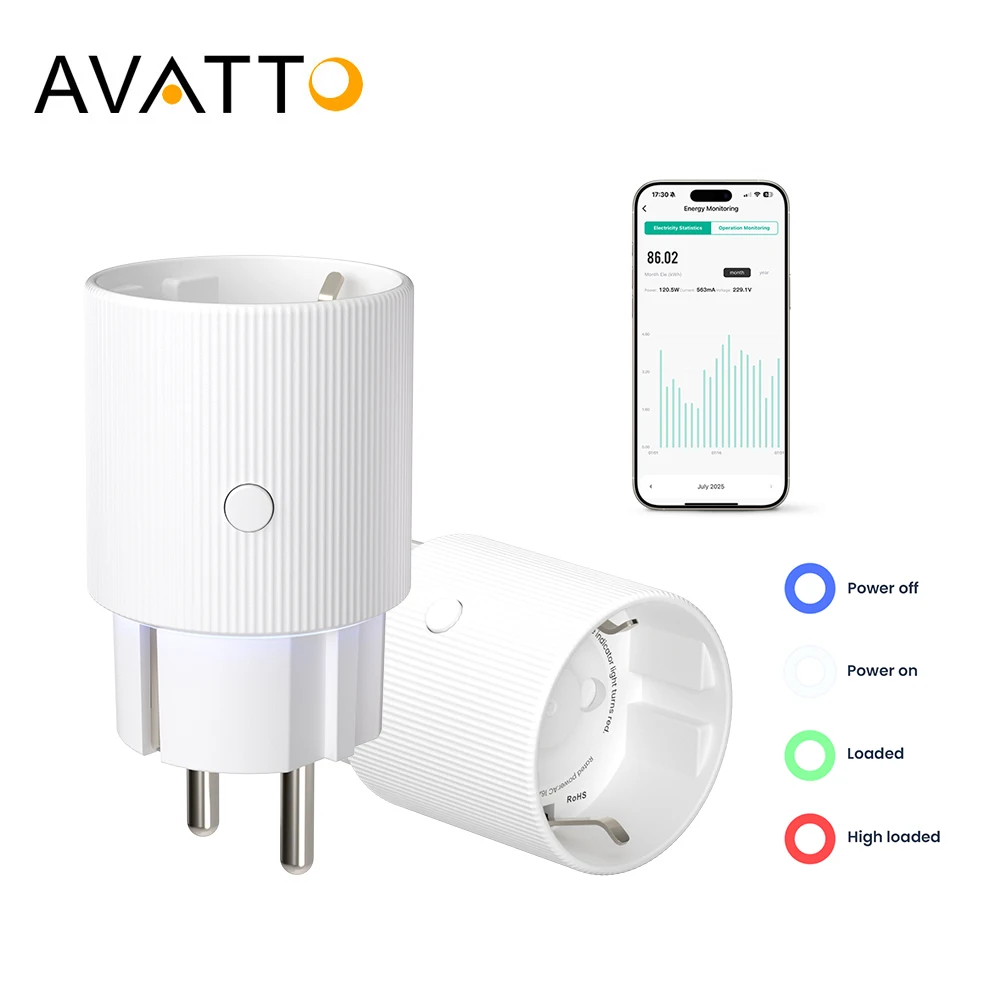 

Умная вилка и розетка AVATTO Tuya WiFi EU 16A с мониторингом энергии, розетка со световым предупреждением, поддержка Alexa Google Home Alice