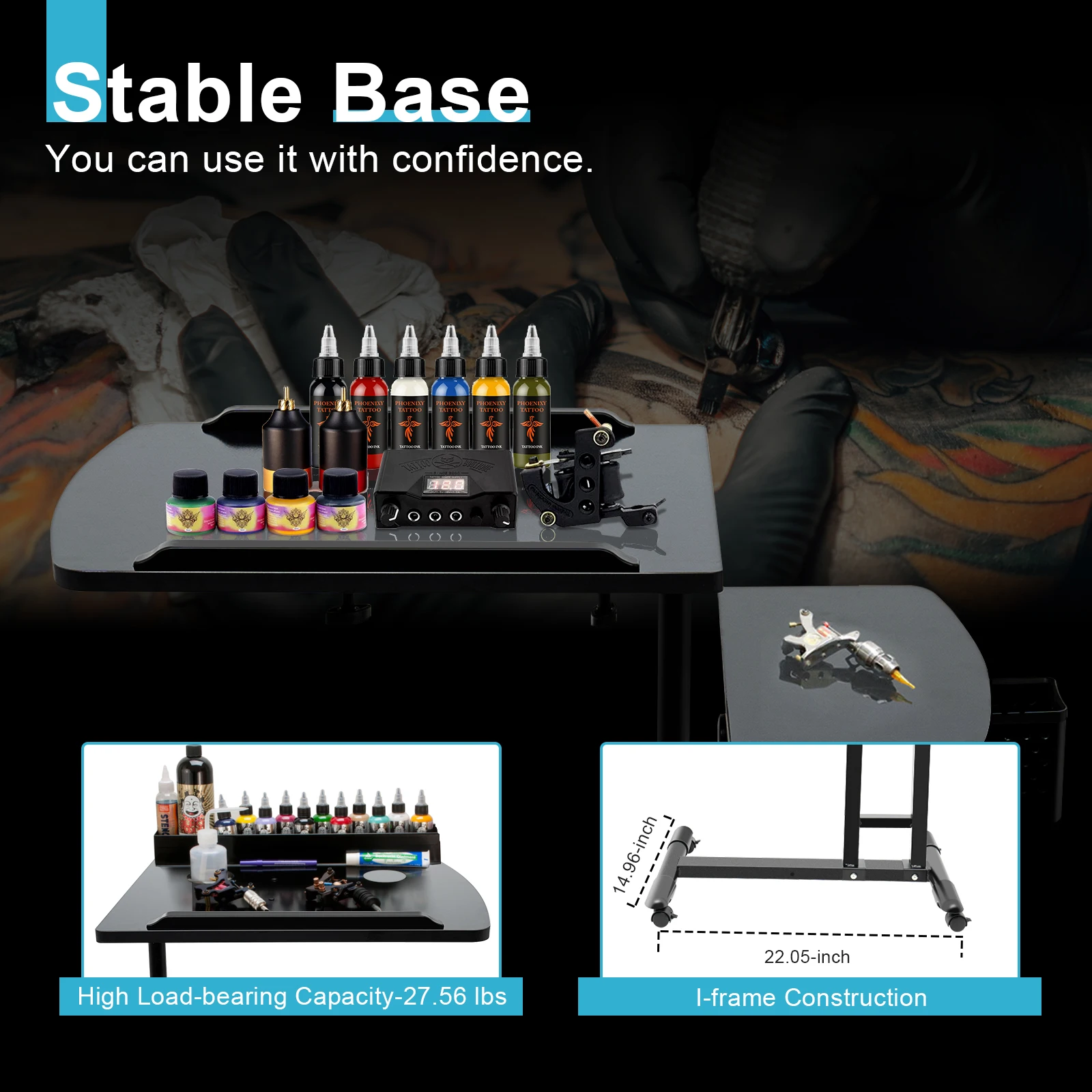 Portable Tattoo Workstation with Adjustable Table Dual Surface Design Iron and High-Density Board Impact-Resistant
