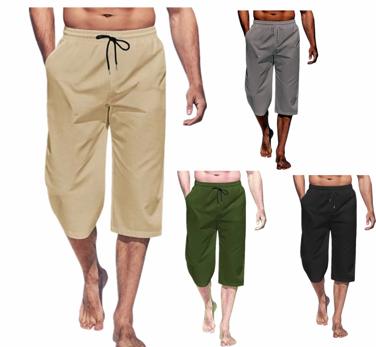 Cross border hot selling men\'s capris casual lightweight capris drawstring elastic waist beach yoga belt pocket