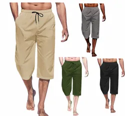 Cross border hot selling men's capris casual lightweight capris drawstring elastic waist beach yoga belt pocket