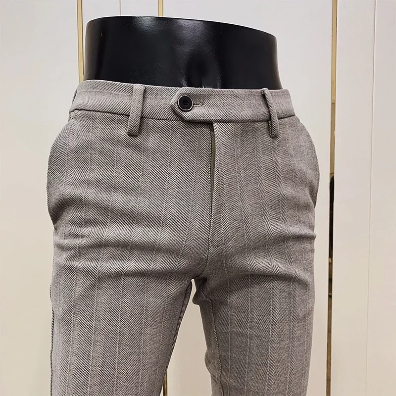 Calça masculina de terno listrado de lã, calça casual engrossa, aquecida, vestido justo, outono, inverno, 2022