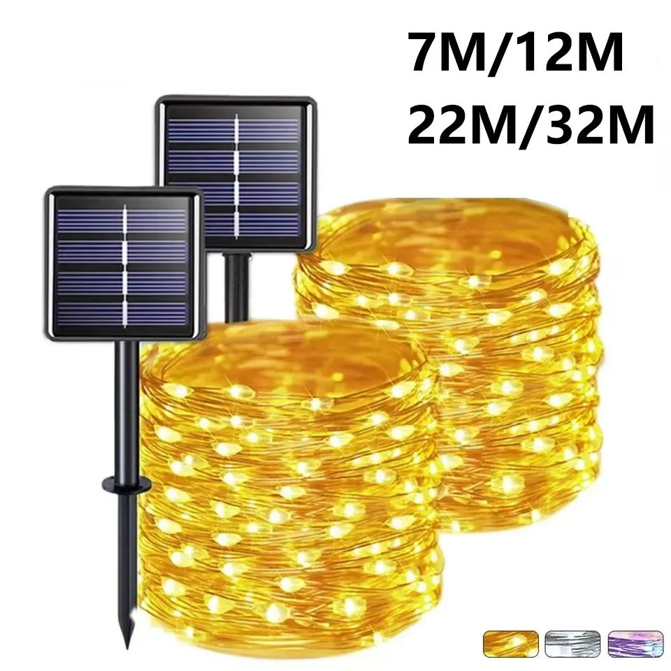 

8Modes Outdoor Solar Fairy Lights 7M/12M/22M/32M LED Copper Wire Lights Xmas Lights Waterproof Garden Decoration