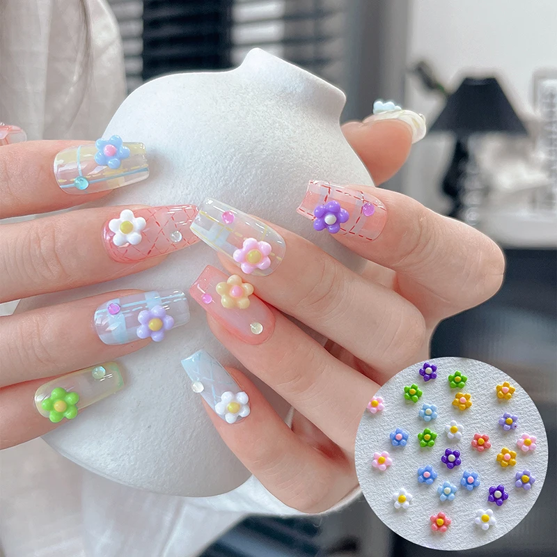 50 sztuk mały kwiat ozdoby do paznokci Charms 3D żywica 5Petal dżetów ozdoby do paznokci akcesoria kawaii Manicure DIY