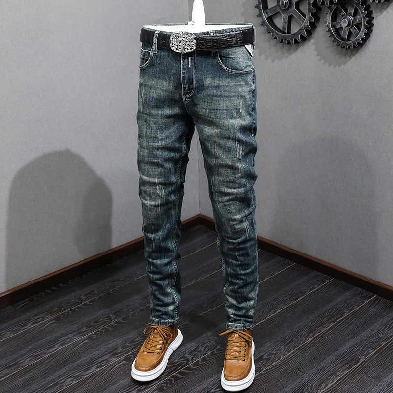 

Newly Designer Fashion Men Jeans High Quality Retro Blue Stretch Slim Fit Ripped Jeans Men Italian Style Vintage Denim Pants