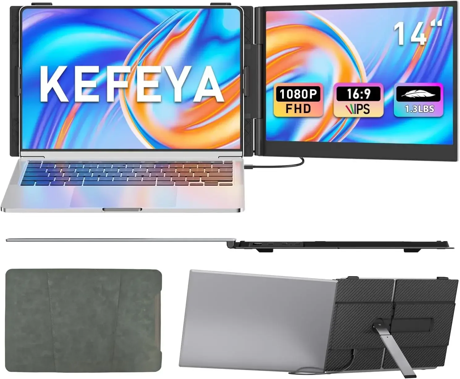 

Laptop Screen Extender, 14" FHD 1080P Portable Monitor for Laptops, 0.19" Ultra-Thin Laptop Monitor Extender for 13-17" with USB