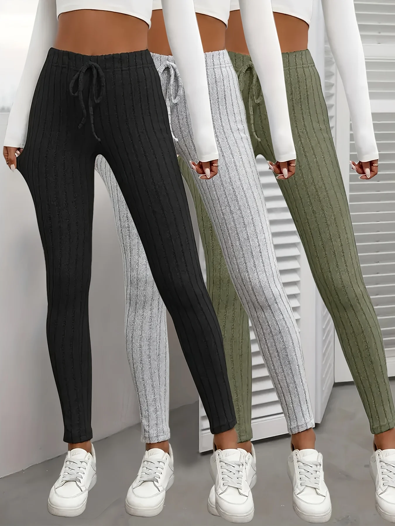 Leggings de punto acanalado con cordón de 3 piezas.