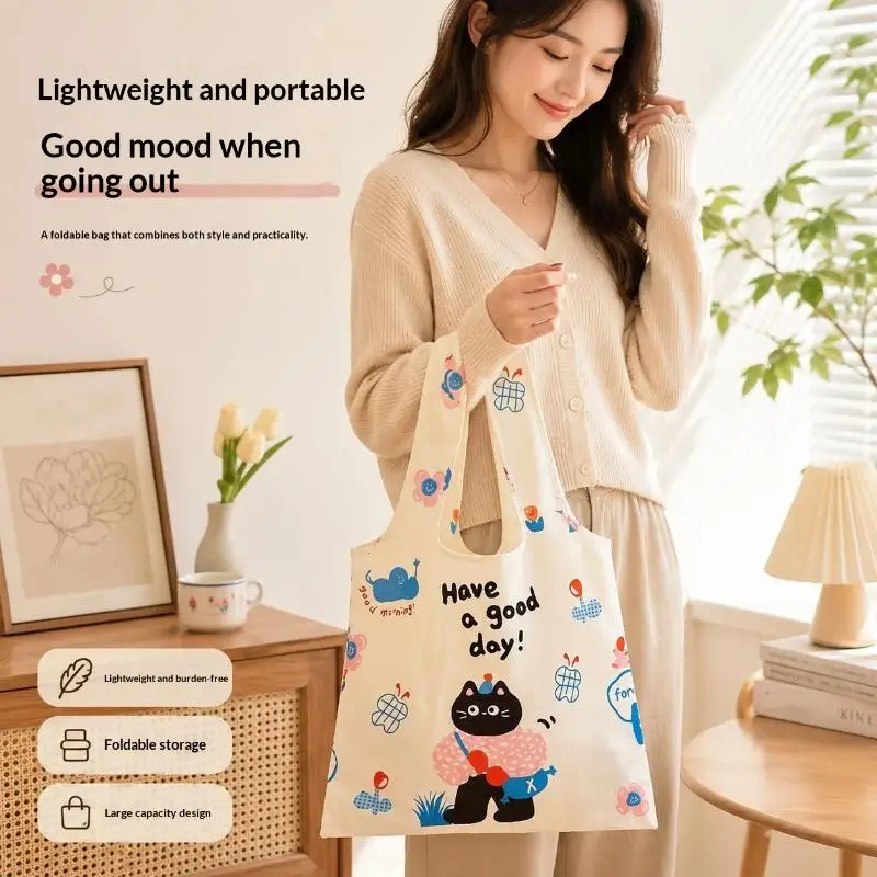 Foldable Lightweight Shopping Bag Cute Cartoon Cat Print Stripe Design For Grocery Shopping Daily Outings Travel