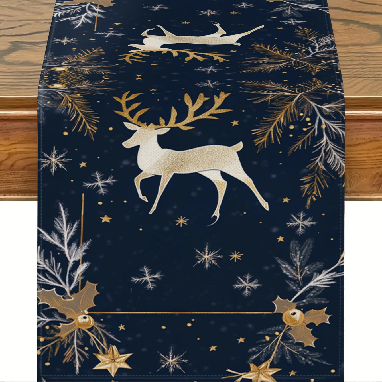 1 قطعة عيد الميلاد الذهبي الغزلان البحرية الجدول عداء ، متعدد الموسم العالمي لتزيين طاولة الطعام ، الكتان 2D ديكور مسطح