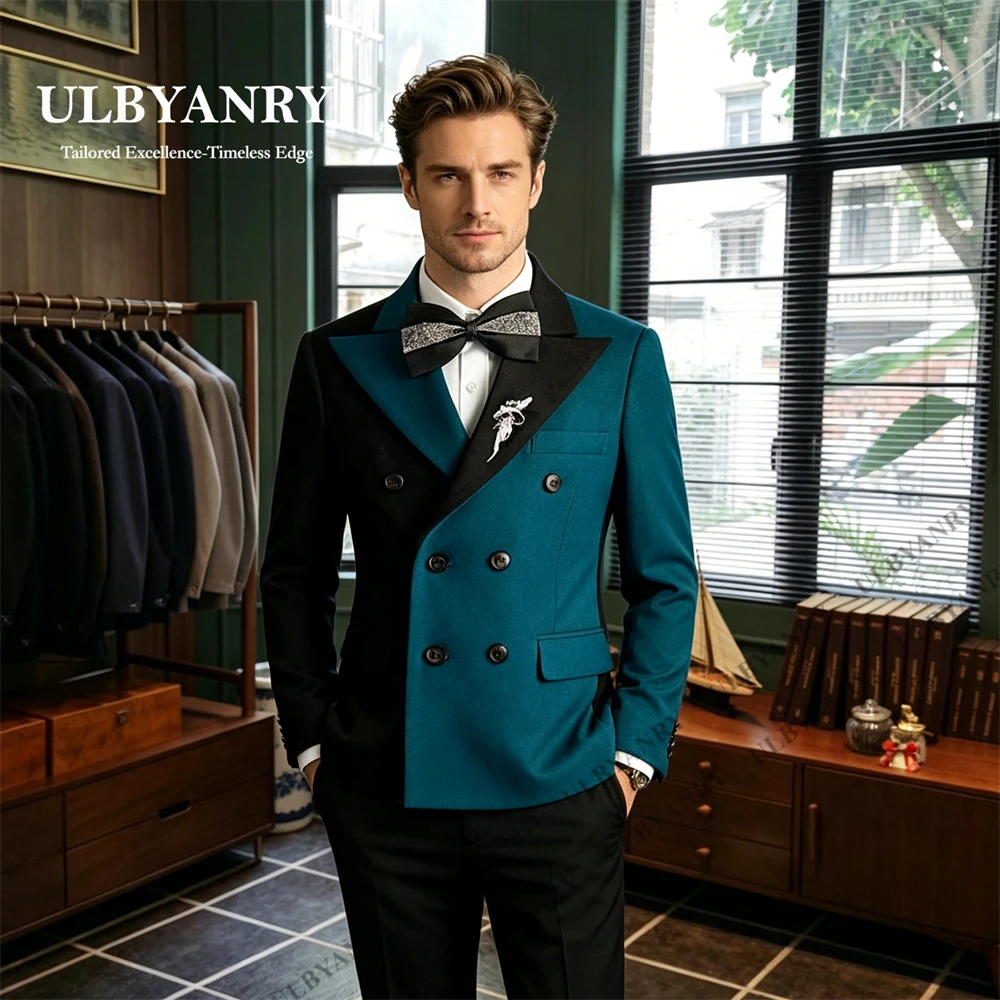 

ULBYANRY Color Blocking Men's Two Pieces Suit Set, Double Breasted Peak Lapel Formal Suit Attires Jacket Pants Big & Tall Tuxedo
