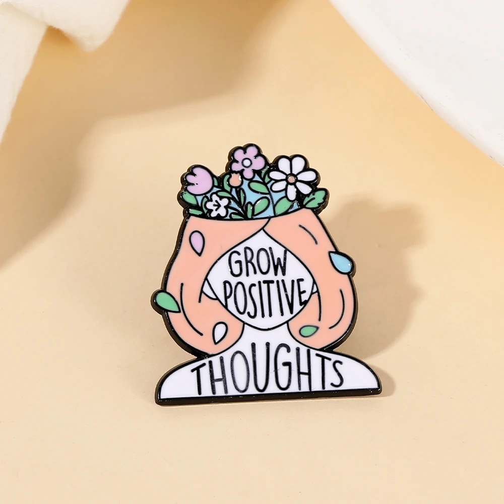 Grow Positive Thoughts Enamel Brooches Inspirational Words Girl Shaped Flower Pattern Pins For Women Jewelry Gift