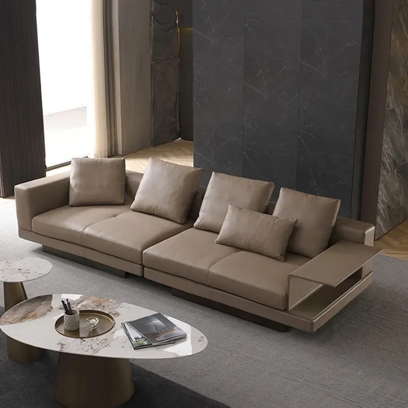 Clubhouse villa large flat living room small apartment cowhide straight row leather sofa