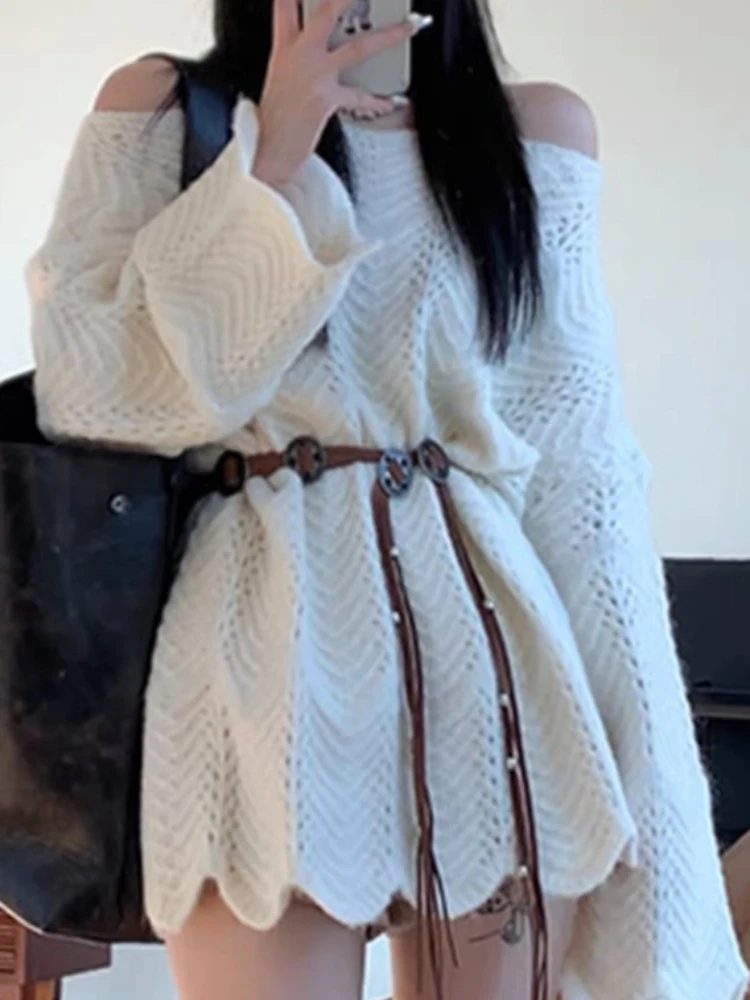 Осенний женский пуловер, свободный свитер, элегантный повседневный однотонный вязаный топ, зимний трикотаж с открытыми плечами