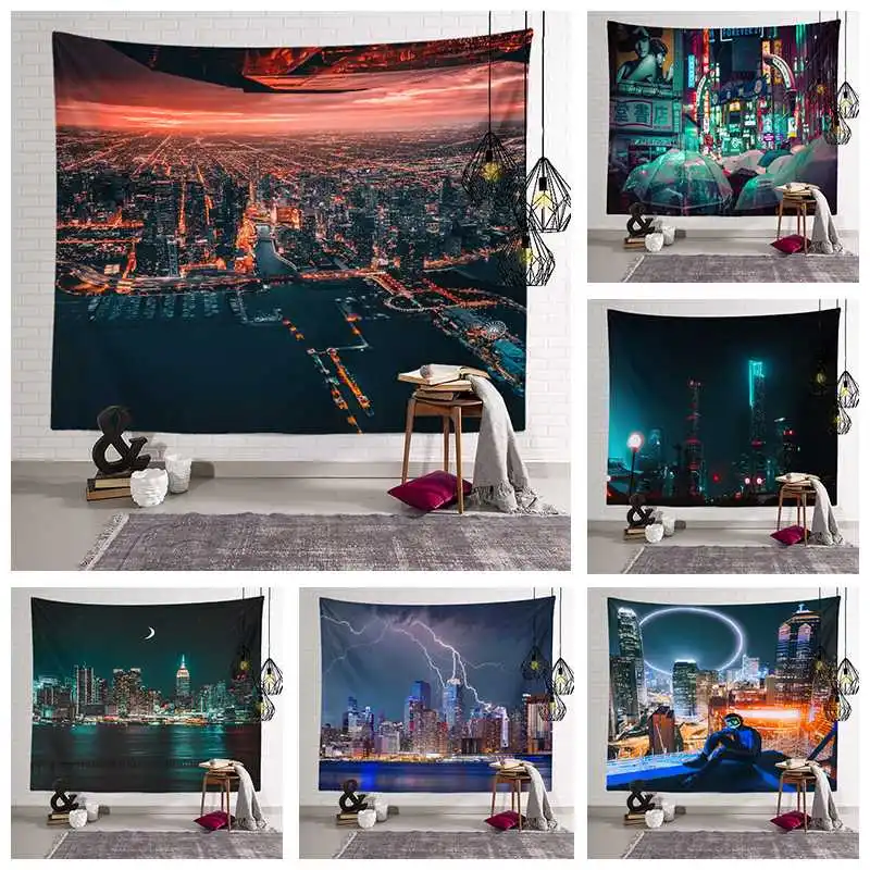 Neon high-rise building home dormitory living room decoration wall rug HD street view city photo tapestry  hanging tapiz