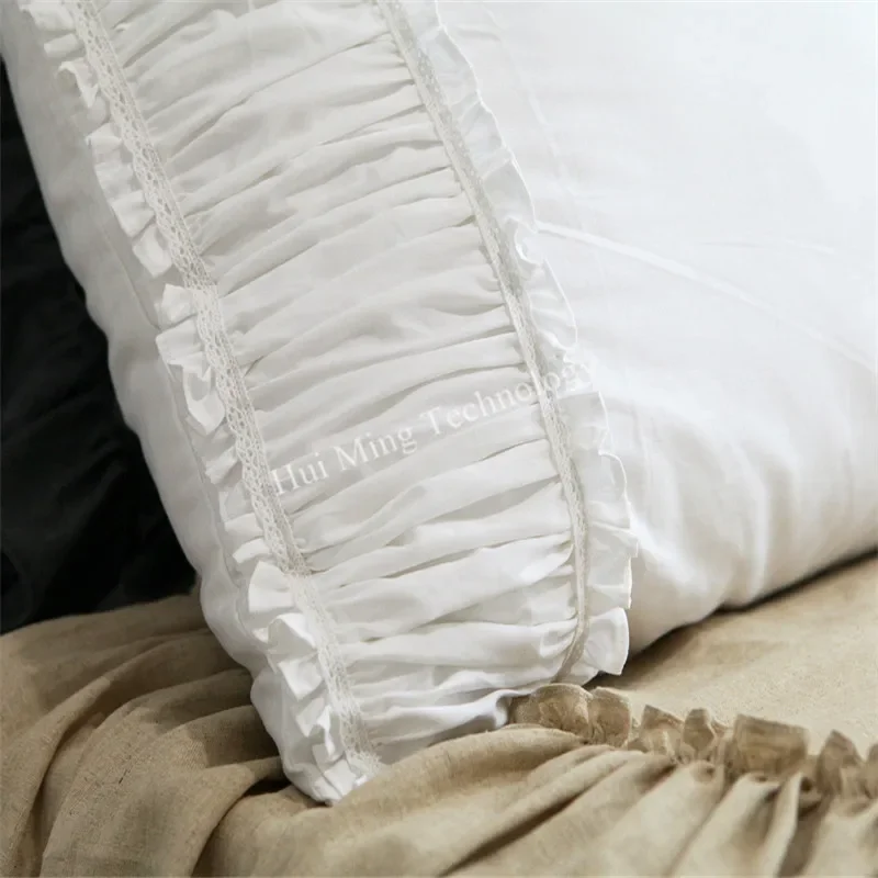 2Pcs 100% Cotton Pillow Cover White Luxury Pillow Case Custom Embroidery Lace Ruffle Quality Pillowcase Pillow Cases Lotus Leaf