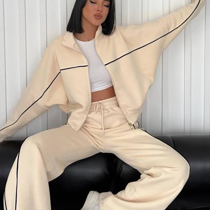 2 Piece Set Cardigan Long Sleeve Crop Top & Wide Leg Pants – Open Front Full Zip Knit Sweater with Drawstring Waist – Women's