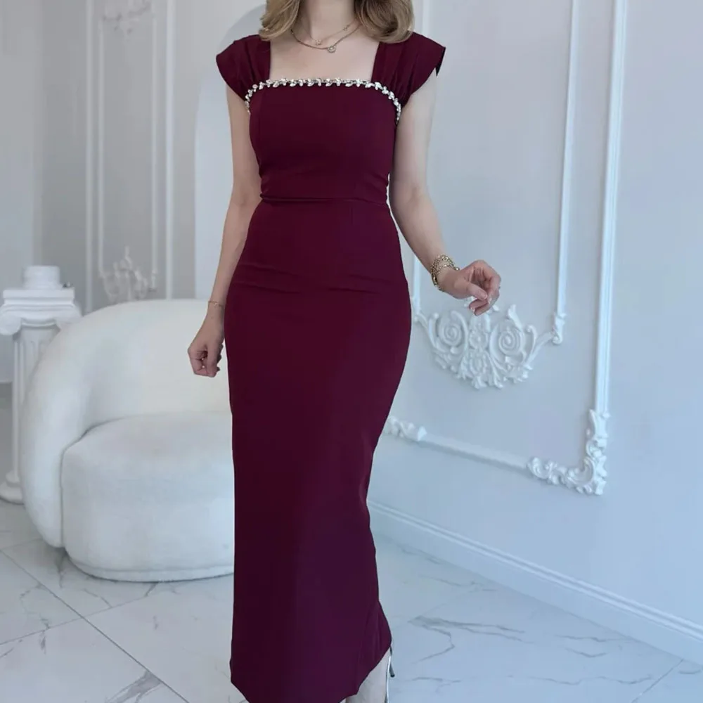 Customized Straight Prom Dresses Ankle-Length Square Collar Sleeveless Evening Gown Simple Fashion Crystal Casual Party Gown