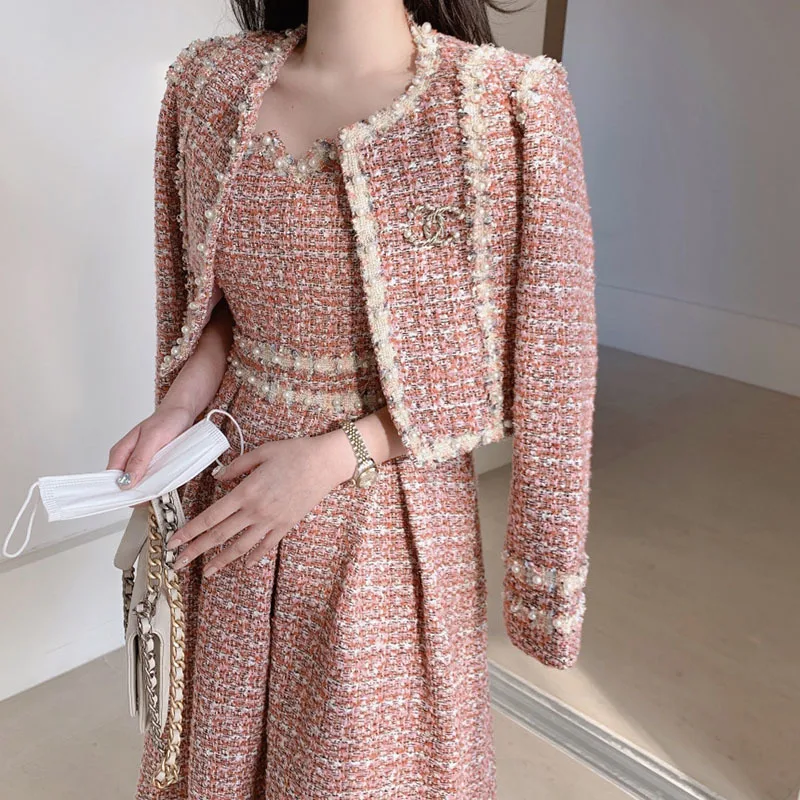 New 2024 Autumn High Quality Women 2 Piece Set Tweed Short Jacket Coat+Beading Vest Dress Elegant Fashion Party Dresses 2 Sets