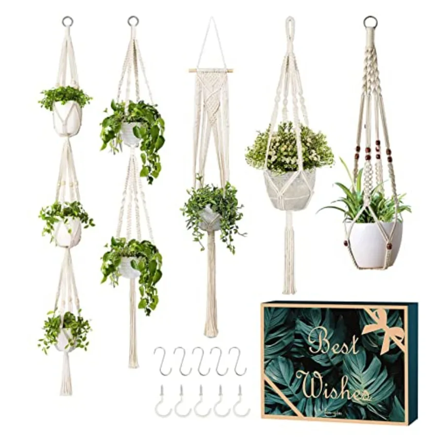 

5 Packs Macrame Plant Hangers with 5 Hooks Different Tiers Handmade Cn Rope Hanging Planters Set Flower Pots Holder Stand for I