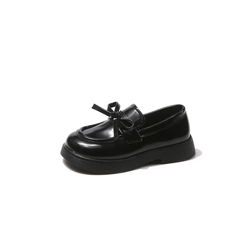 Girl's Black Small Leather Shoes2024Spring and Autumn New Soft Bottom Princess Bowknot Pumps Simple One Pedal Loafer