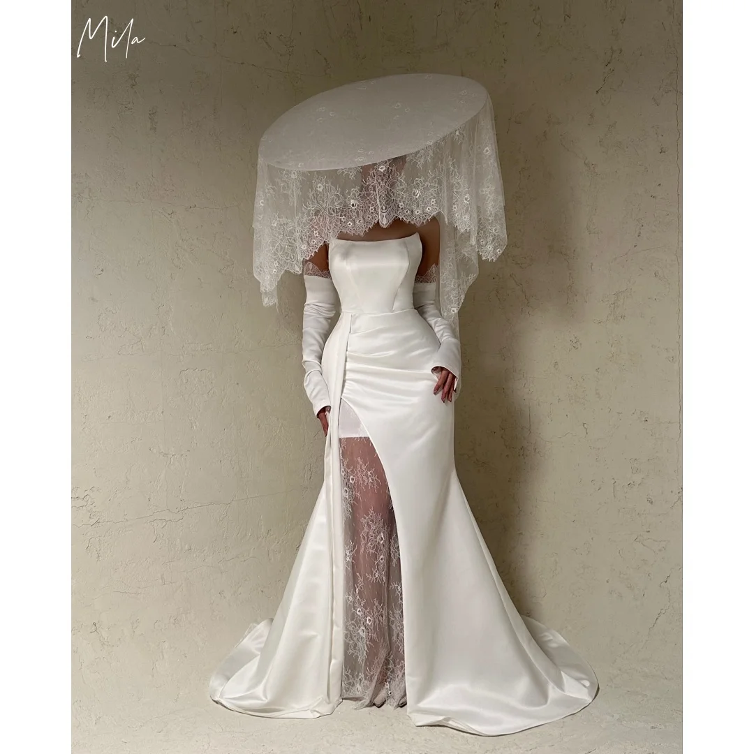 

Mila White Strapless Satin Gown Prom Dresses Long Glove Lace Slit Train Customized Formal Evening vestidos de gala for Wedding