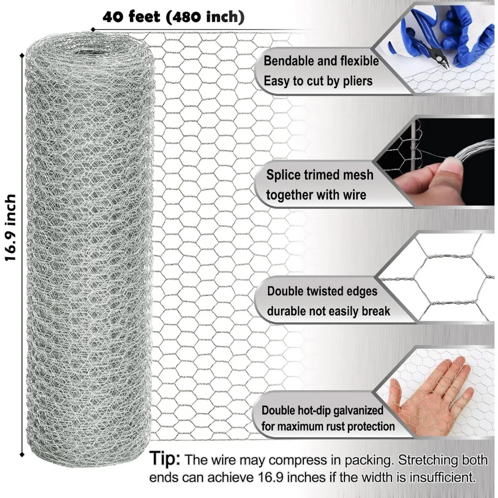 سياج سلك دجاج سداسي مجلفن، 16.9 × 40 قدم للحرف اليدوية وحاجز حظيرة الدواجن والحديقة #2