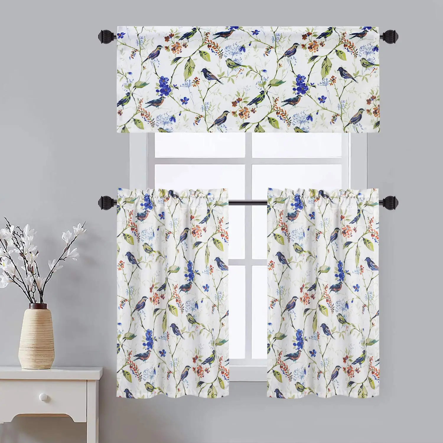 

3 Pieces Curtain Tier &Valance Set for Living Room, Farmhouse Valances for Kitchen Window, Birds Curtain Tier for Small Windows