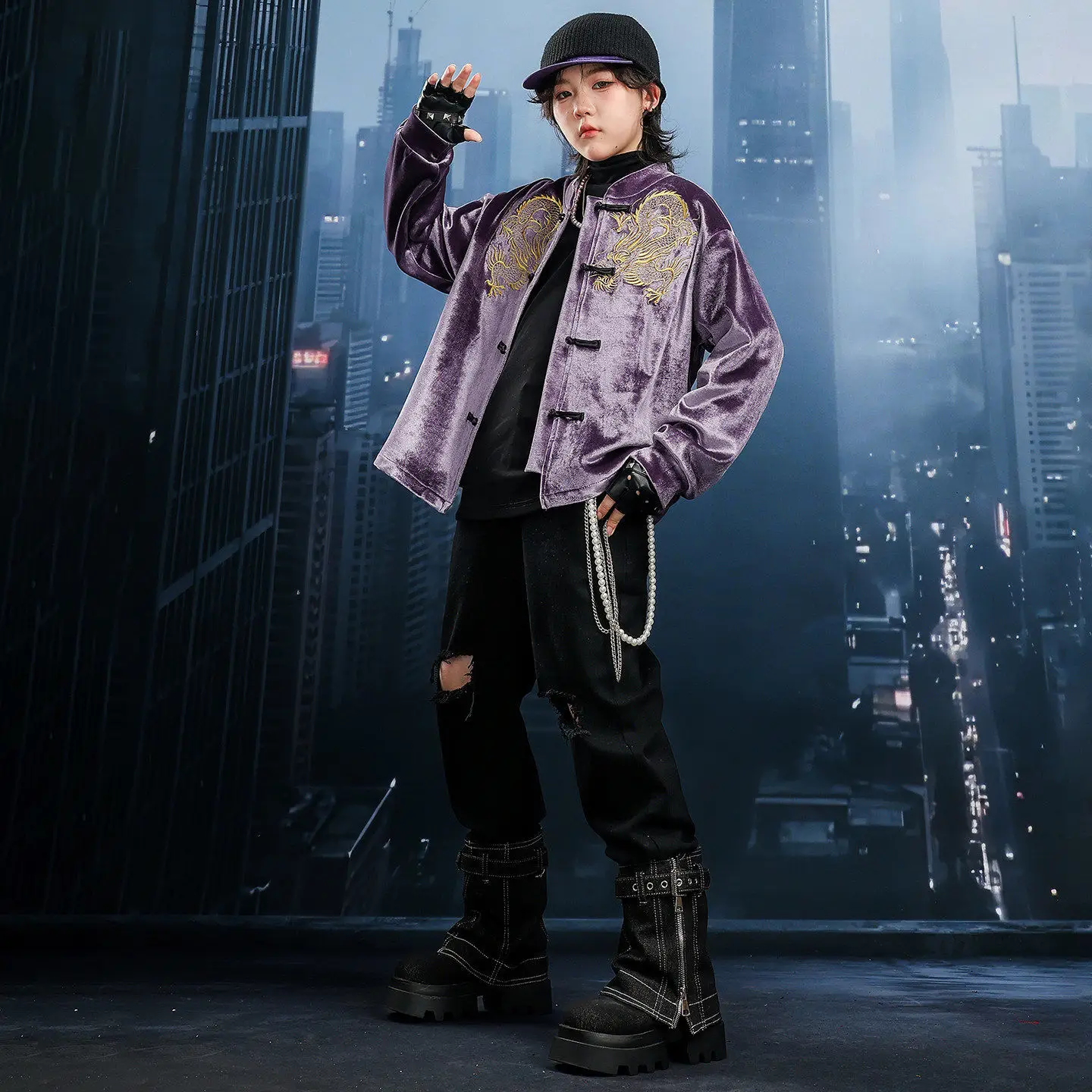 Children Boy Girl Streetwear Hip Hop Loose Performance Velvet Embroidery Jacket Jeans Pant Sets Kids Coat Trouser Stage Clothes