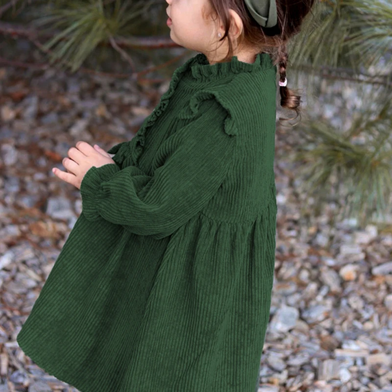 Chic Ruffled Crew Neck Corduroy Princess Dress Girls Autumn Winter New Retro Warm Buttons Back Zipper Long-Sleeved Dresses