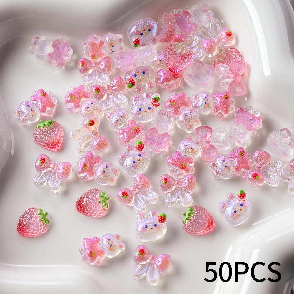 50pcs/Bag Mixed Cartoon Strawberry Rabbit Nail Accessories 3D Cute Pink Aurora Gradient Bow Nail Charms Y2K Manicure Supplies ﻿