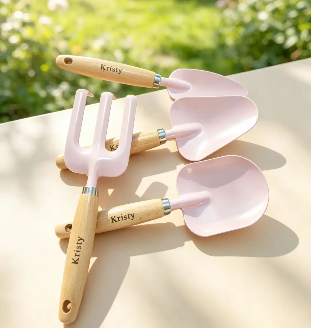 4pcs Custom Name Engraved Pink Gardening Tools Set, Mini 4‑Piece Wooden Handle Garden Hand Tools, Unique Gift for Gardeners