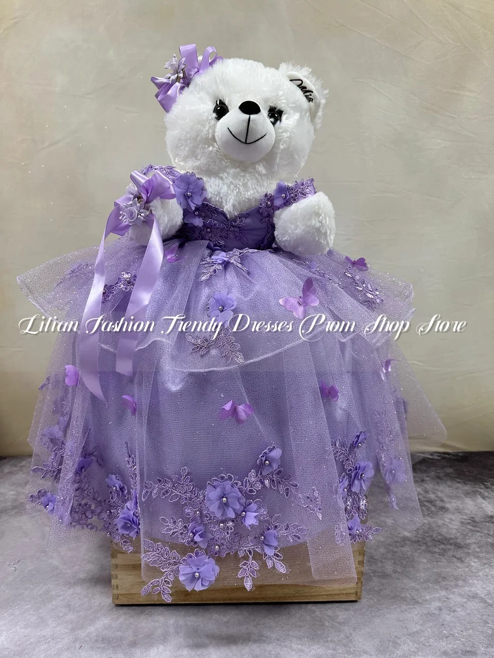 Mexican Purple Sweetheart Special Link Personalised Quinceanera Teddy Bear Dress Dreamy Floral Embroidered Tulle Customised