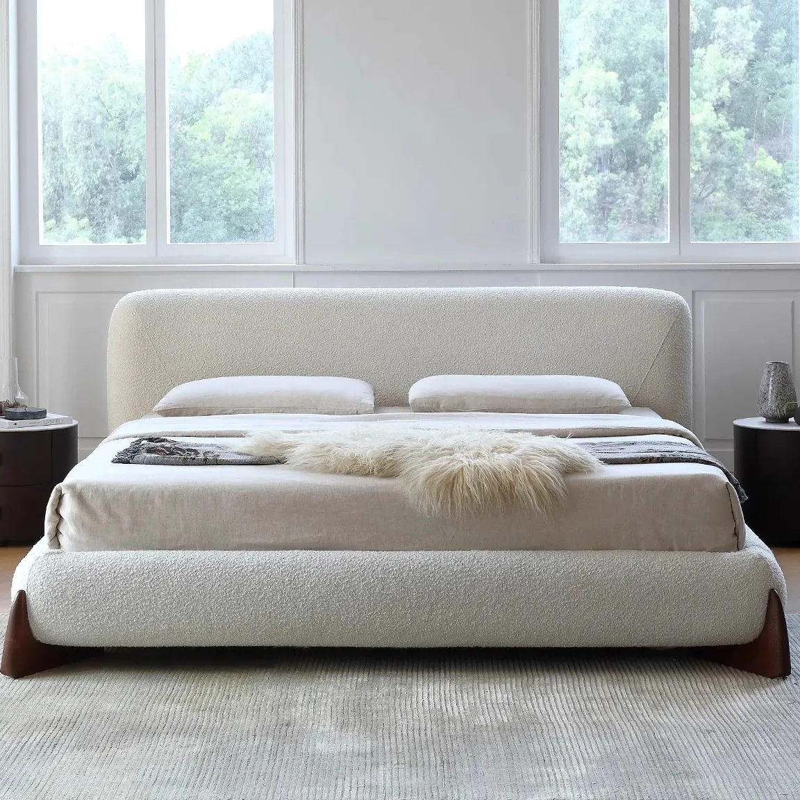 Fabric bed lamb wool big white double bed wabi sandy wind villa master bedroom soft bed