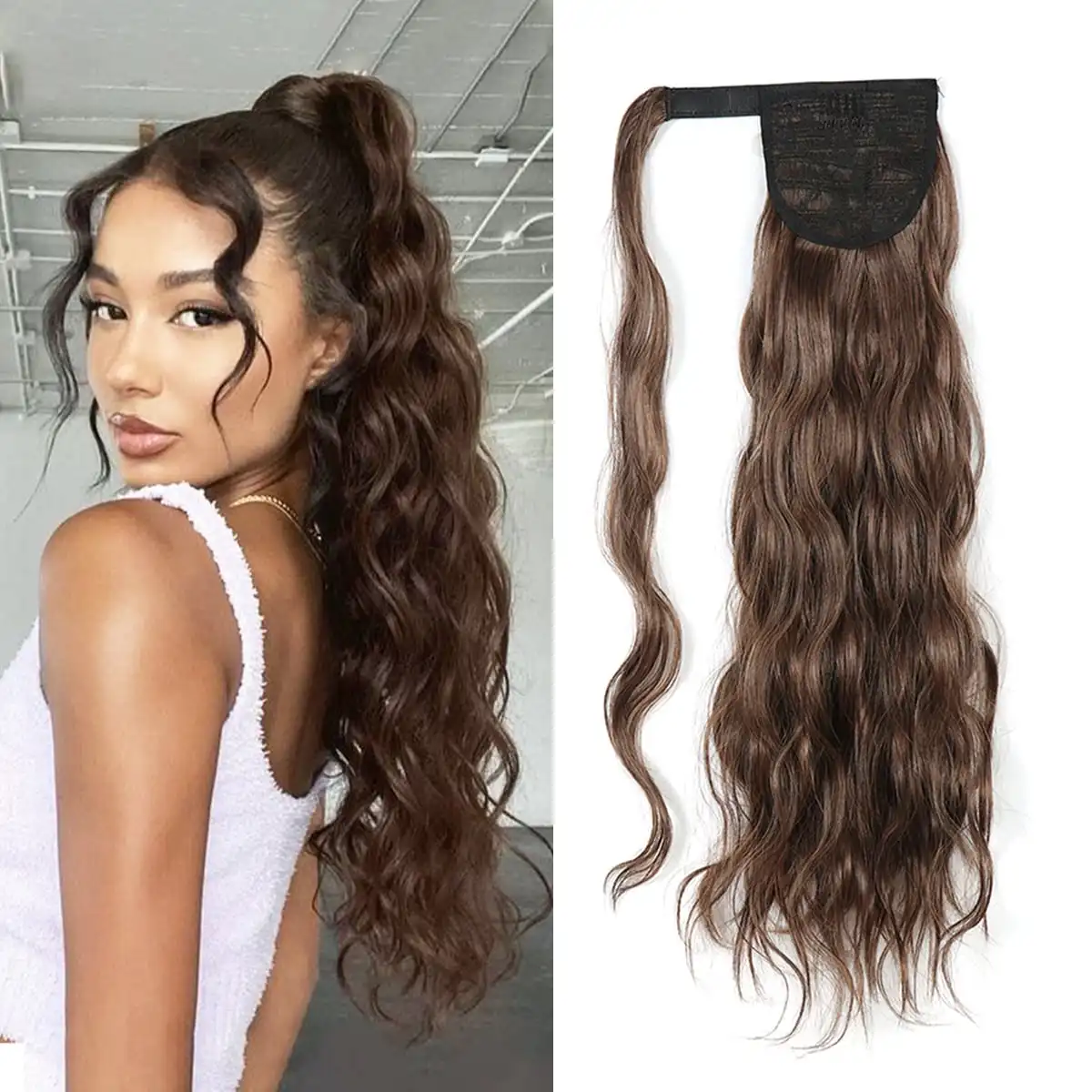 Corn Wave Ponytail Extension Wrap Around 24 Inches Long Water Wavy Pony Tail Extension Synthetic Ponytail Hairpieces for Women