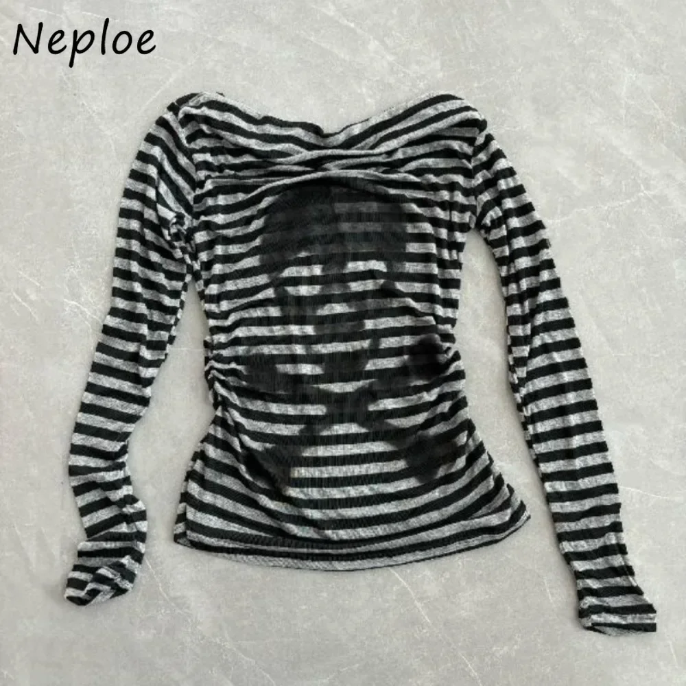 Neploe Japan Femme Slash Neck Long Sleeve Top Stripe Harajuku Commuter Slim Clothing Fairycore Skeleton Goth E-Girls T-shirt