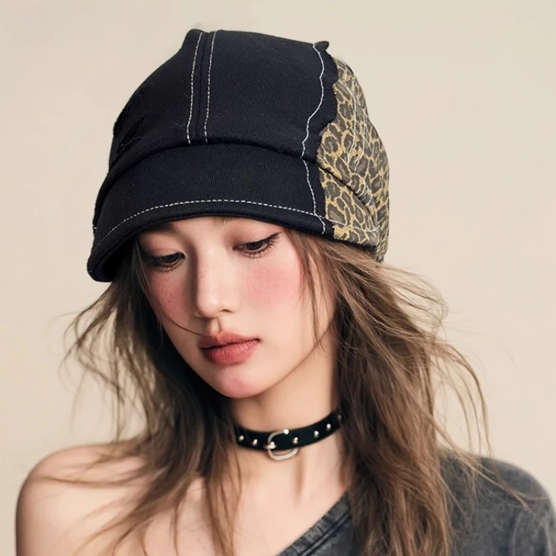 

Retro Hole Design Splicing Leopard Print Beanies Cap Y2K Spring and Autumn Casual Warm Versatile Personality Women's Hats