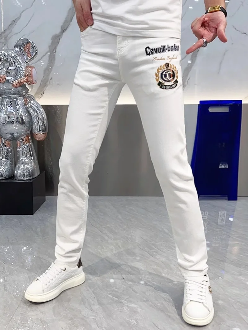 

Men's White Slim Fit Jeans Summer Thin Embroidered Simple Versatile Fashionable Breathable Long Pants Youth Popular Style