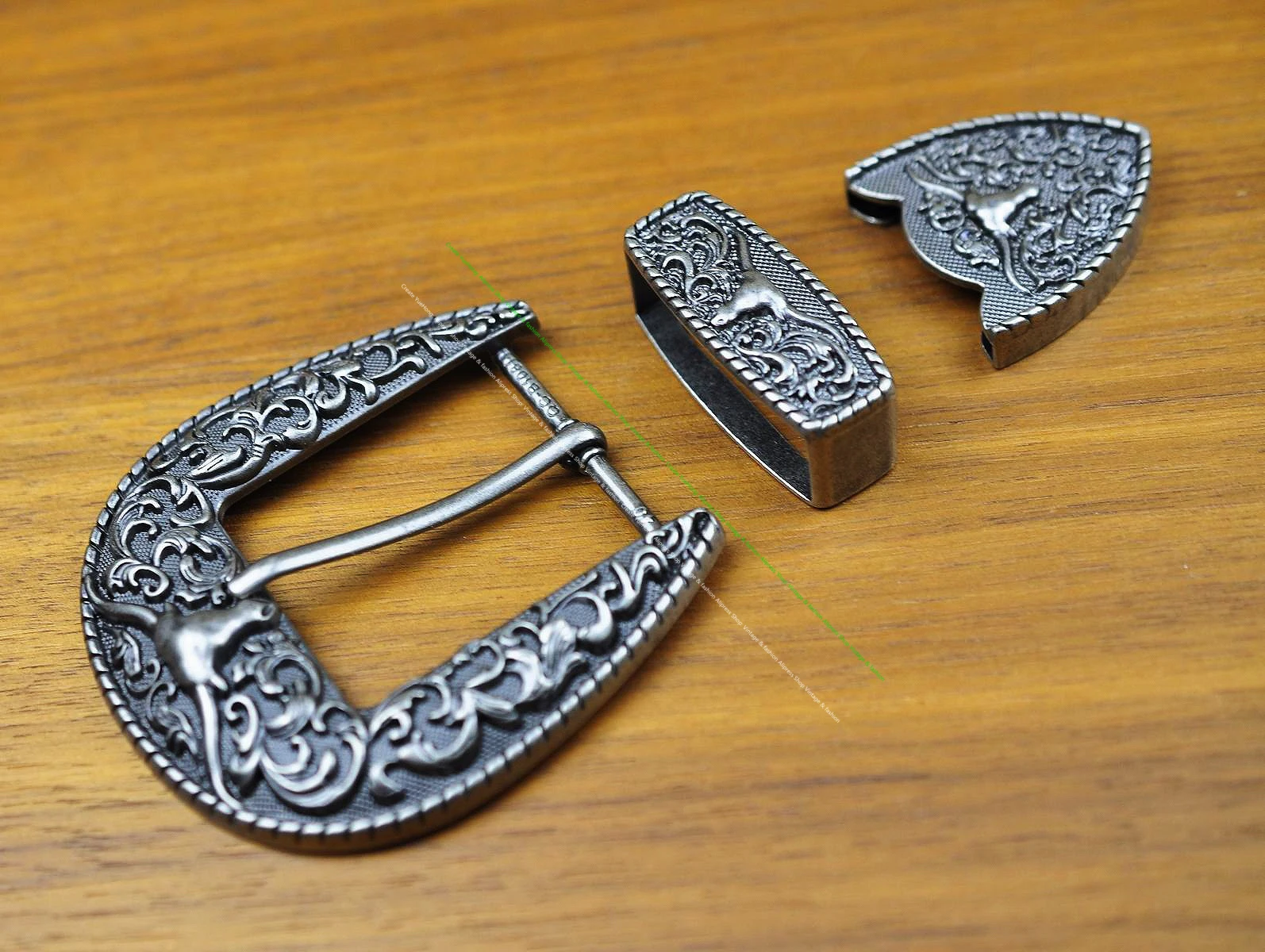 Heavy Strong Antique Silver Floral Western Cowboy Longhorn Bull SKull Rodeo Three Piece Set Belt Buckle Unisex Fits 40mm Strap