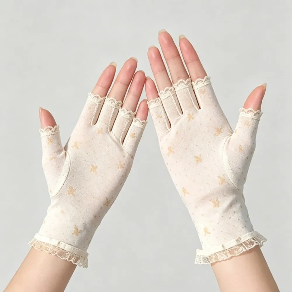 Versatile Short Half Finger Gloves Thin Breathable Mesh Sunscreen Gloves Lace Trim Fishnet Gloves Women
