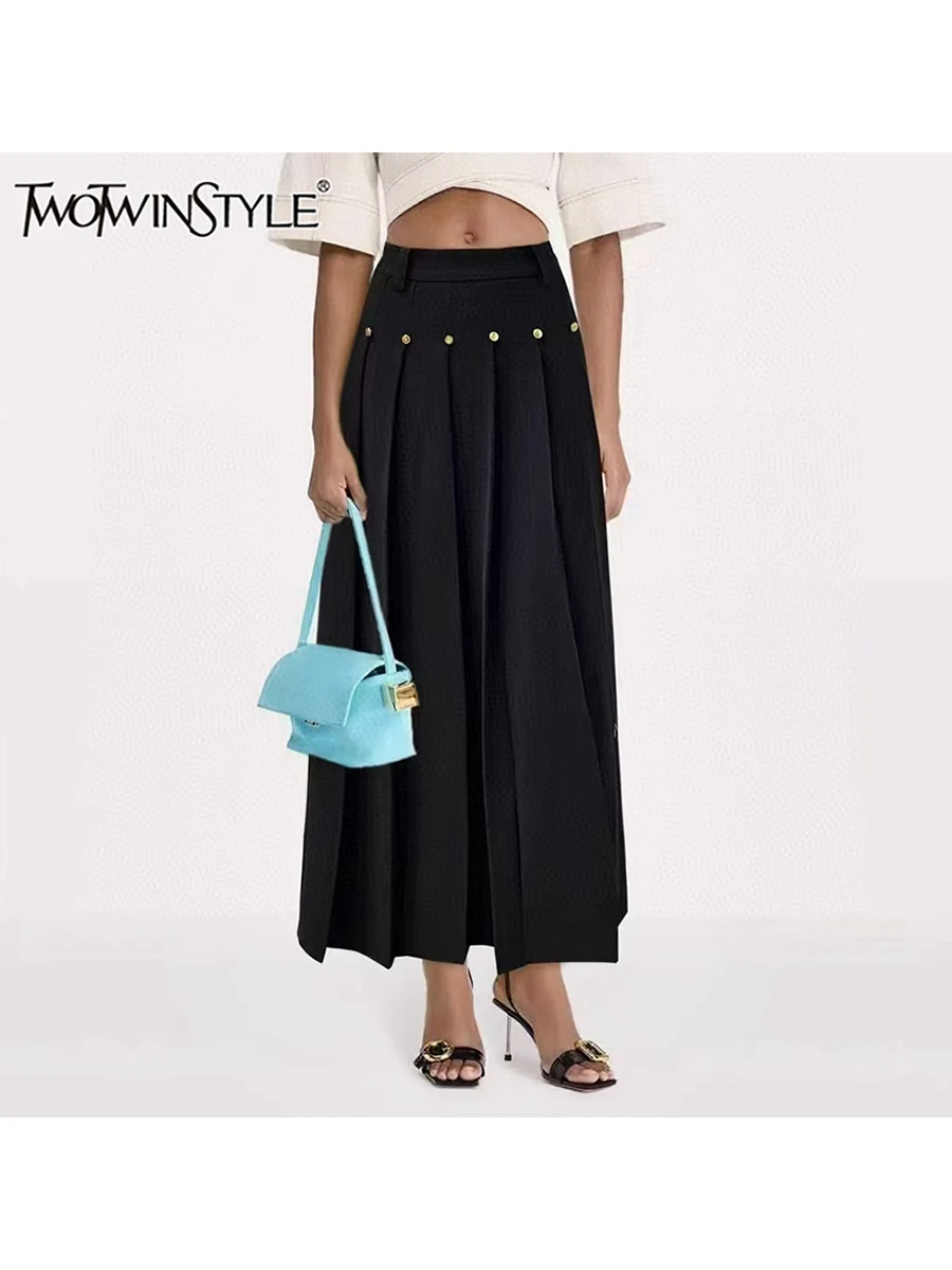 TWOTWINSTYLE Solid Spliced Button Chic Skirts For Women High Waist Spliced Folds Temperament A Line Skirts Female Fashion New