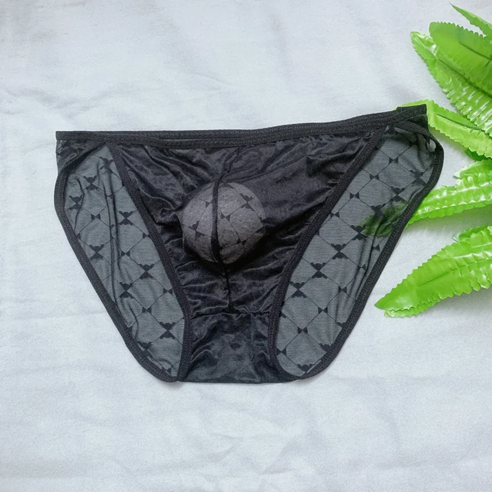 Cuecas de malha transparente gay sissy ver através de lingerie erótica macia e confortável calcinha impressa homem gay bulge bolsa cuecas